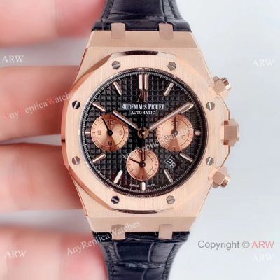 Super Clone Audemars Piguet Royal Oak Rose Gold Black Leather Strap Watch - BF Factory